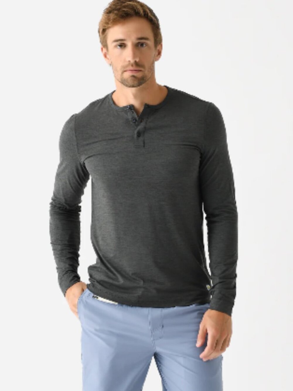 Vuori Men's Long Sleeve Ease Performance Henley, Charcoal Heather - Size Medium